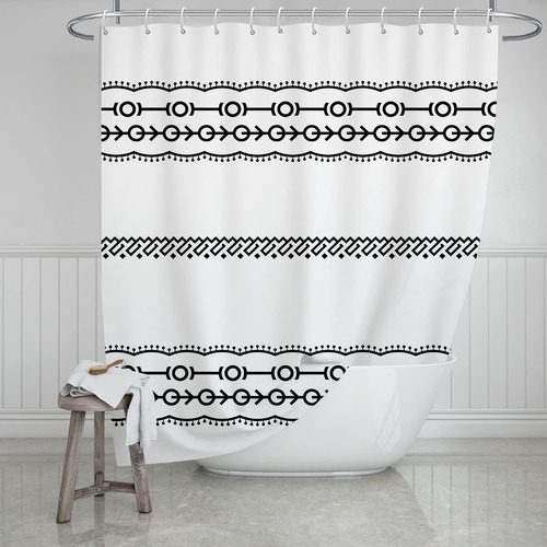 Cortina Ducha Boho Blanco Negro Juego Baño Tribal Geometrica