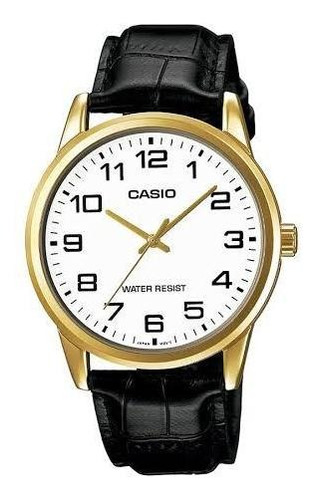 Reloj Casio Modelo Mtp-v001 Piel Negro Caja Dorada
