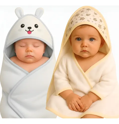 Kit 2 Toalhas De Banho Bebê Com Capuz E Orelhinha Infantil Branco/neutro