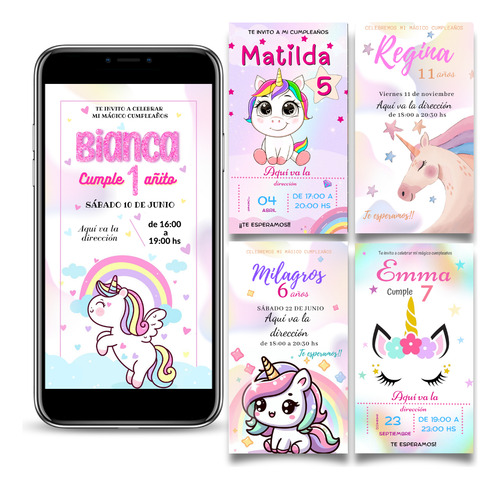 Tarjeta Invitación Digital Cumpleaños Unicornio
