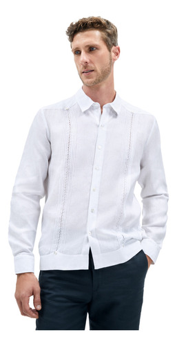 Abito Guayabera De Lino Manga Larga Color Blanco Mod. Uman 100% Lino, Camisa Guayabera Yucateca De Lino