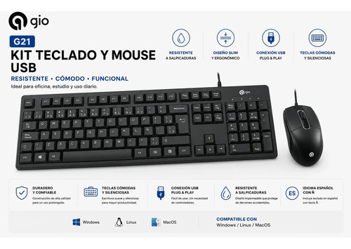 Kit Teclado Y Mouse Usb Gio G21 ideal para Laptop Pc Consolas En Español Resistente a salpicaduras