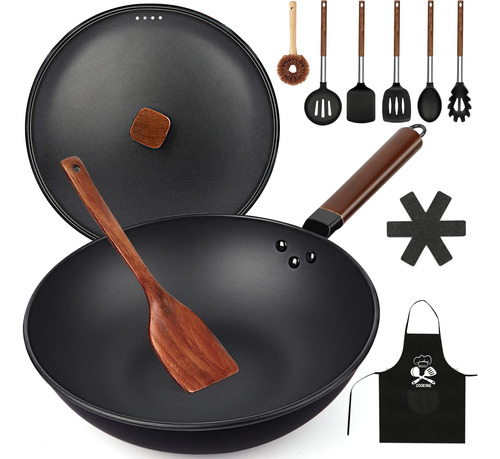 Sarten Wok Acero Al Carbono 13  Xiheima Tapa Espatula Woks