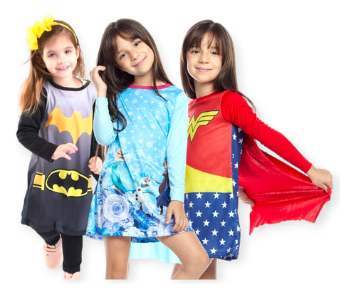 Kit 3 Vestido Fantasia Desenhos Heroinas Com Capa Atacado