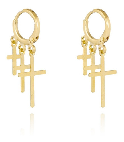 Brinco Argola Três Crucifixo Cruz Pendurada Folheado A Ouro