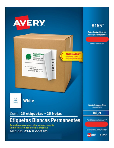 25 Etiquetas Blanca Avery 21.6 X 27.9 Cm Permanente Color Blanco