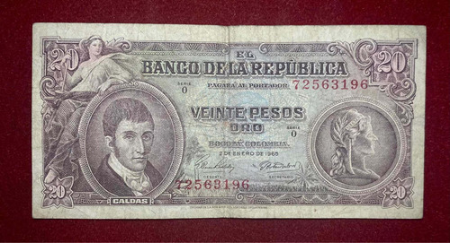 Billete 20 Pesos Oro Colombia 1965 Pick 401 C.2 Caldas