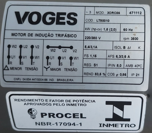 Motor Elétrico Trifásico 2cv 2polos Alta Rotação Voges