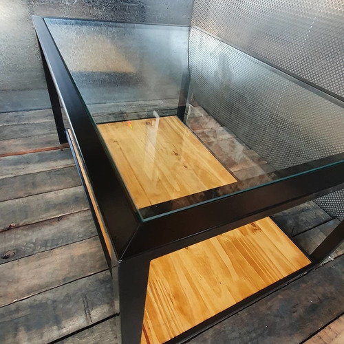 Imagen 4 de 7 de Mesa Ratona Arrime Industrial Hierro Madera + Cristal 10mm