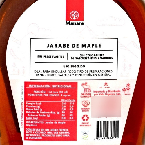 Jarabe De Maple Syrup Orgánico 250ml - Manare