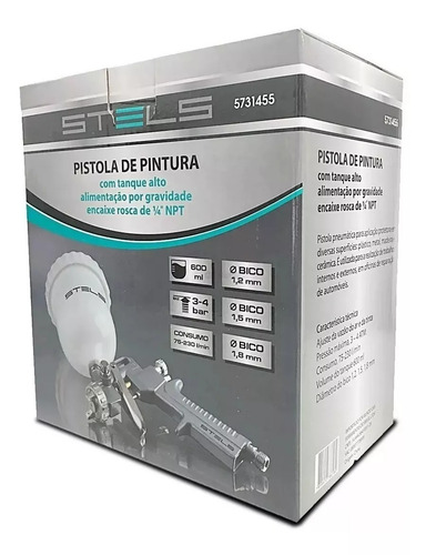 Pistola Pintura Gravidade 600ml + 3 Bicos 1.2 1.5 1.8 Stels