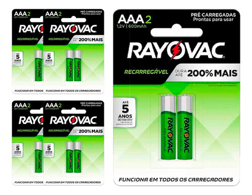 10 Pilhas Recarregaveis Aaa Rayovac (5 Cartelas)