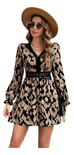 Vestido Elegante Leopardo Manga Larga Escote En V Con Encaje