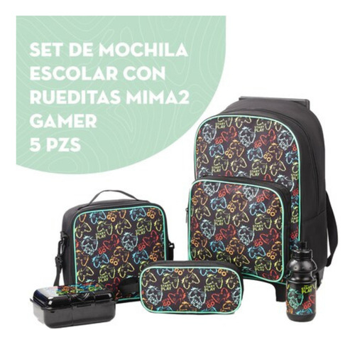 ZOMILUX - Mochila Niño - Mochila Con Ruedas - SET Maleta Lonchera Tupper Lapicera y Botella - Mochila Ruedas - Maleta Escolar Niño - Diseño Gamer