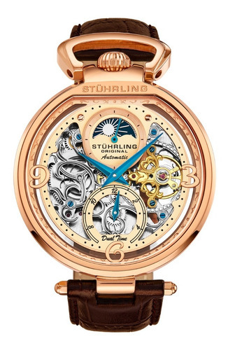 Reloj De Caballero Stuhrling Legacy Modena 889.03 46mm Color de la correa Piel Color del bisel Oro rosa Color del fondo Automatico