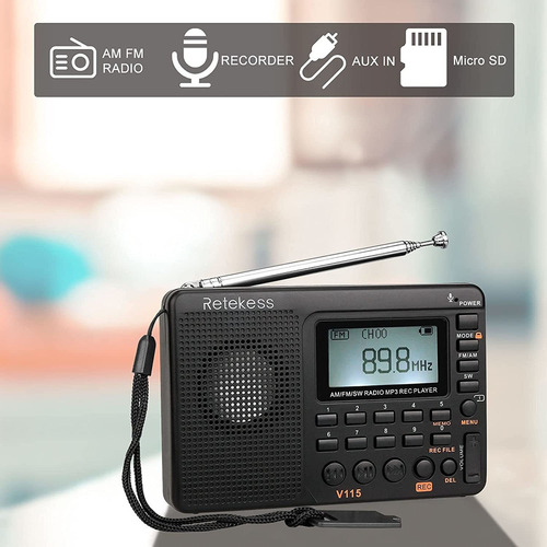 // Rádio Portátil Retekess V115 Am Fm Sw Pocket Recorder