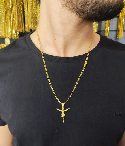 Cordão 3x1 + Cruz Jesus Cristo Tungstênio + Cor Dourado