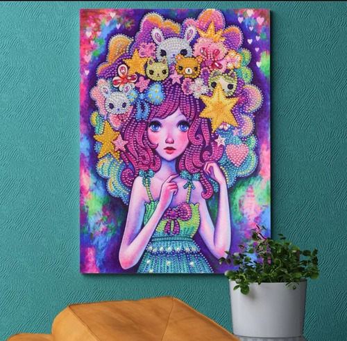 Pintura Com Diamantes - Diy 5d Strass- Menina Flor -30x40 Cm