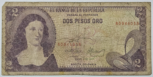 Billete 2 Pesos 01/ene/1977 Colombia Fine