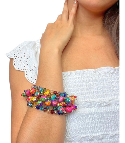 Pulsera Artesanal De Palma Y Cristales Modelo Mia Color Multicolor Largo 19 Cm