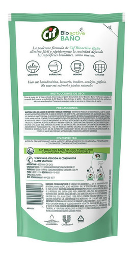 Imagen 3 de 4 de Limpiador Baño Cif Bio Active Repuesto X450 Ml Nueva Formula
