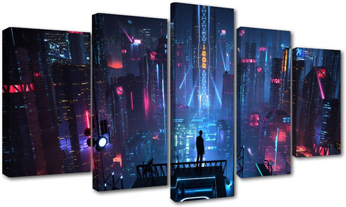 5 Cuadros Ciudad Noche Neon Paisaje Diseño Art 150x84cm