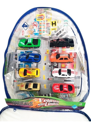 Autos Y Mochila Porta 8 Autitos Carrera Señales 6561 Bigshop