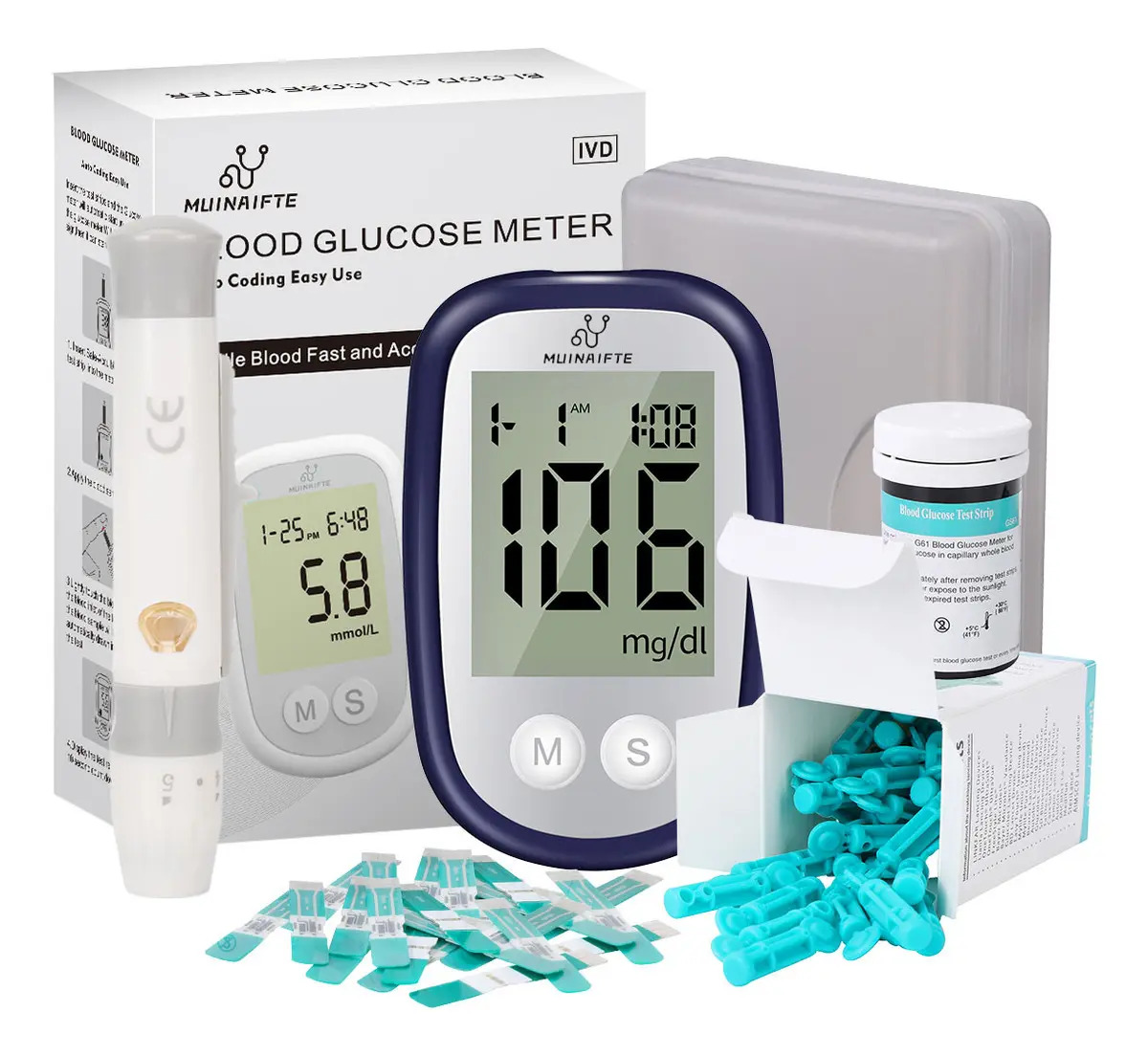 Glucometro Digital Medid50 Lancetas 50 Tiras Y Azul Blanco