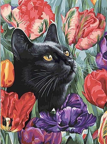 Pintura De Diamante 5d Gato Con Flores