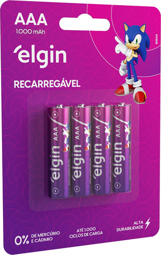 04 Pilhas Recarregável Elgin Aaa 1000mah 01 Blister C/4 Unid