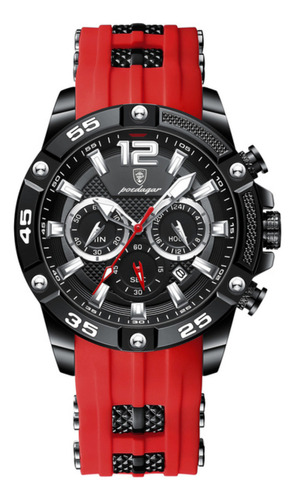 Reloj de cuarzo impermeable Poedagar 912, 46 mm, correa para hombre, color rojo, bisel, color negro, color de fondo negro