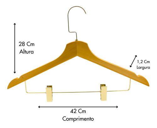 5 Cabide De Madeira Marfim Com Presilha Hk-t11 Dourado Luxo