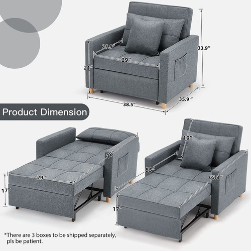 Sillón Cama 3 En 1; Ajustable Tamaño Individual De Lino Gris
