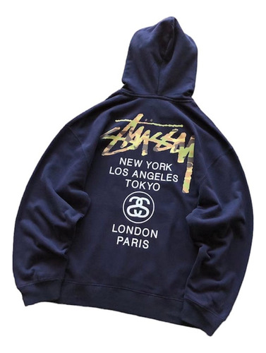 Poleron Stussy New York La Tokyo London Paris World Tour - Azul Marino