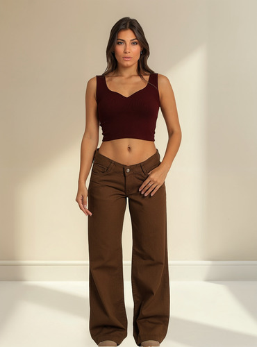 Jeans Wide Leg Tiro Bajo Rigido De Mujer Calce Perfecto