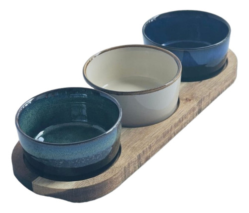 Copetinero Tabla Bamboo Porcelana Con 3 Bolw Diseño Cocina Color Mix