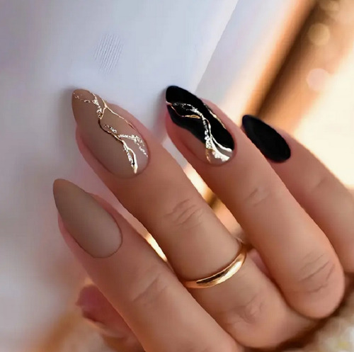24 Pz Uñas Postizas Tips Craqueleadas Negro Nude Press On Negro Nude Bicolor Craqueleada