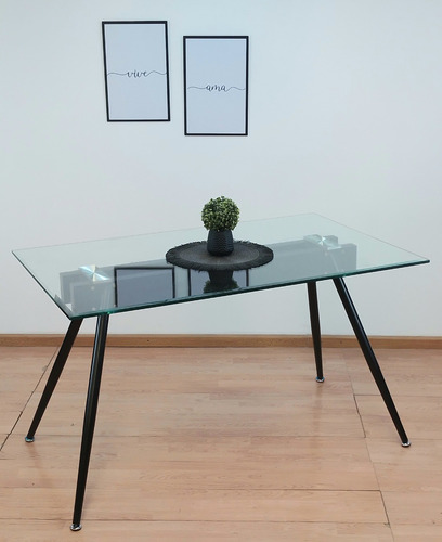 Mesa De Vidrio Templado Comedor Rectangular Patas Negras