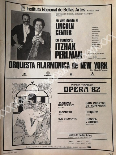 Cartel Inba. Orquesta Filarmonica De New York & Opera 1982