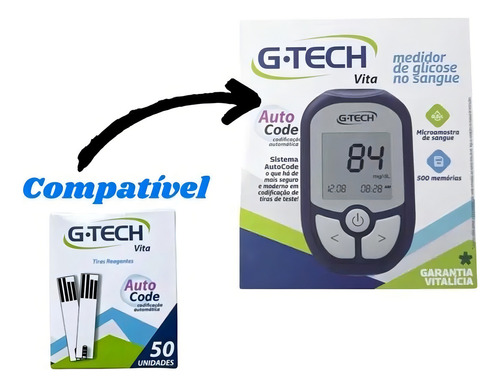 50 Tiras G- Tech Vita De Teste Glicemia Compatível Com Aparelho G-tech Vita Cor Preto Branco