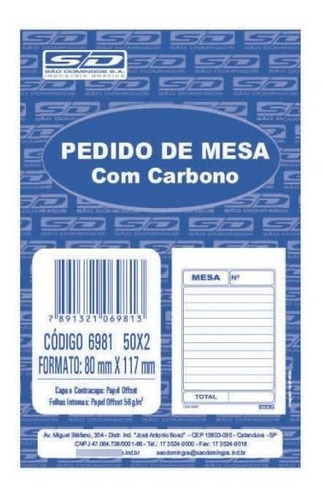 Bloco Comanda Pedido De Mesa C/carbono 20 Blocos 50x2vias