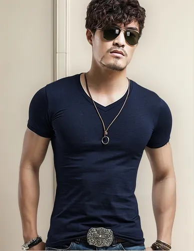 Camisa Camiseta Blusa Masculina Gola V Slim Azul