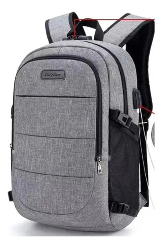 Mochila Antirrobo De Viaje Porta Notebook Con Candado Gris Gris Liso