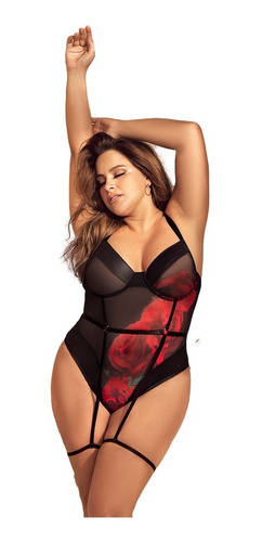 Lencería De Encaje Bodysuit Liguero Flores Plus I22 8700x