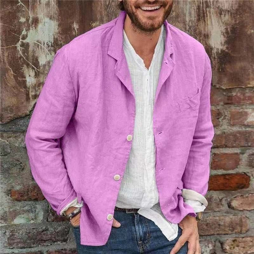 Traje De Lino Fino Hombre Color Sólido Chaqueta Manga Larga