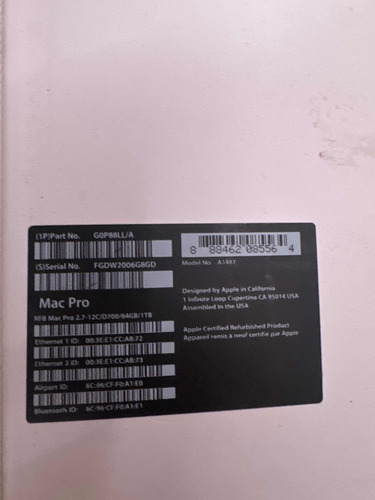 Apple Mac Pro 2013 Xeon E5-2697v2 64gb Ram Doble Gpu 6gb C/u (Usado)