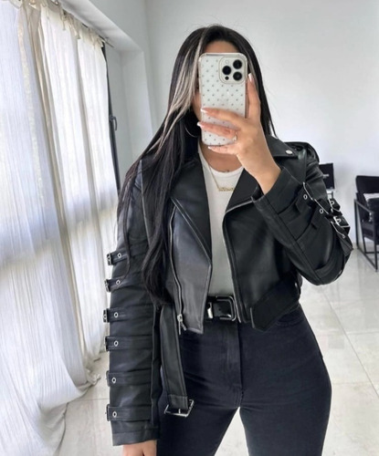 Campera Ecocuero Engomada Hebillas Importada Mujer S Al 3xl 