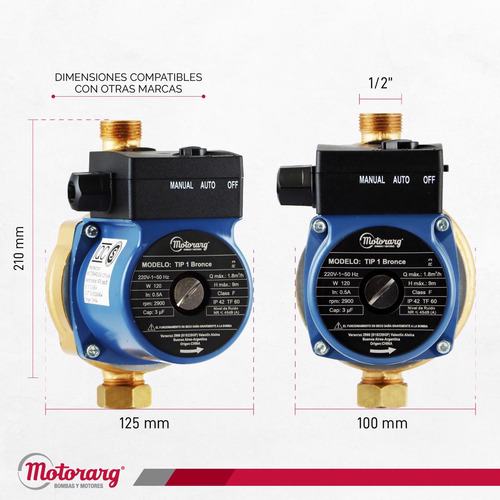 Imagen 8 de 12 de Bomba Presurizadora Motorarg Tip 1 Bronce 2 Baños 120 Watts