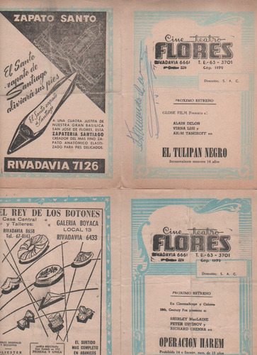 Lote 2 Antiguos Programa Cine - Flores - Año 1965