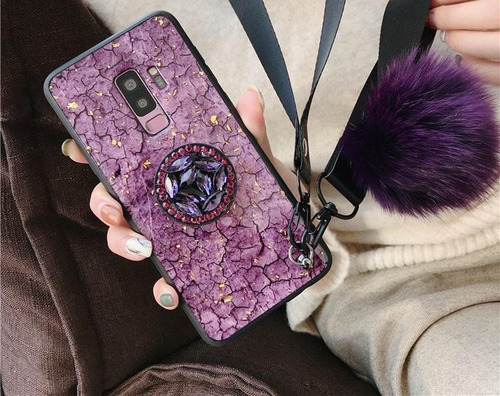 Imagen 5 de 10 de Funda Compatible Con Moto Marmol Pompon Correa Colgante Dama
